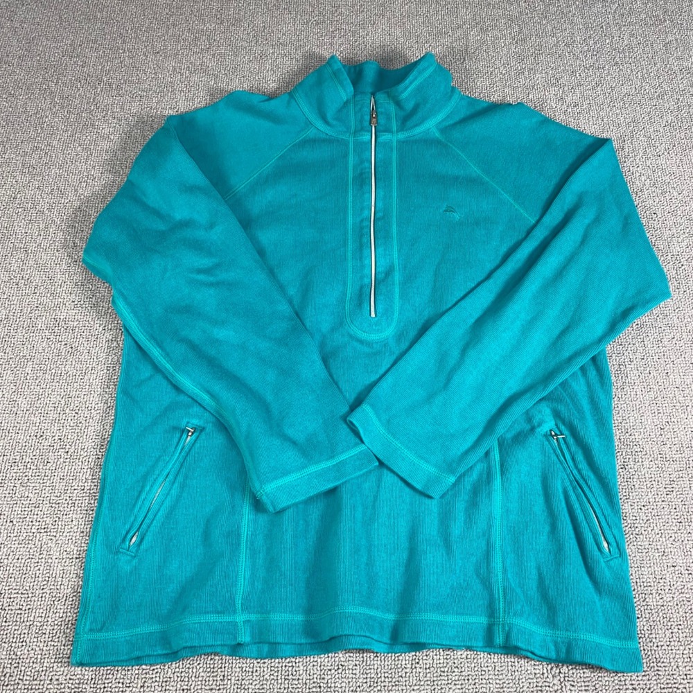 Tommy Bahama Quarter Zip Pullover Womens XL Turquoise Blue Ribbed Long Sleeve